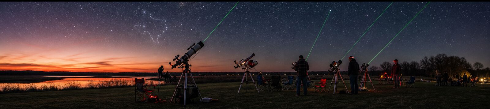 Telescopes lined up at dusk under a fading Texas sky at a star party